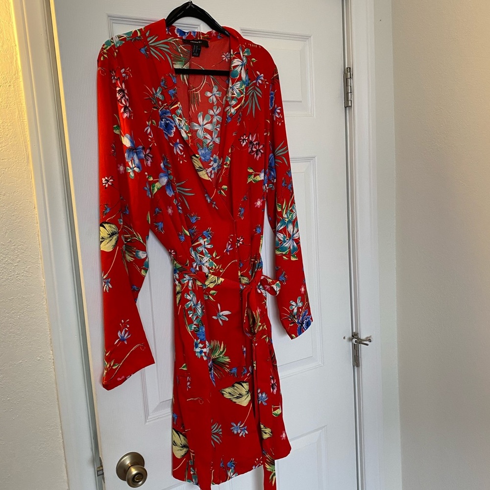 Red wrap tropical print dress